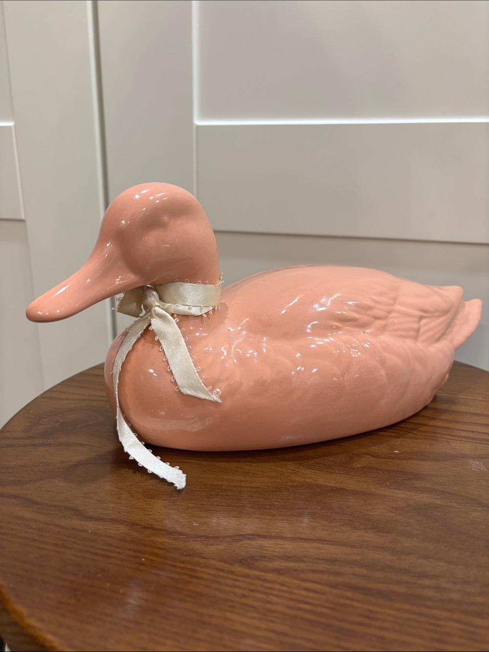 Pink Ceramic Duck Figurine with Ribbon - Home Accent